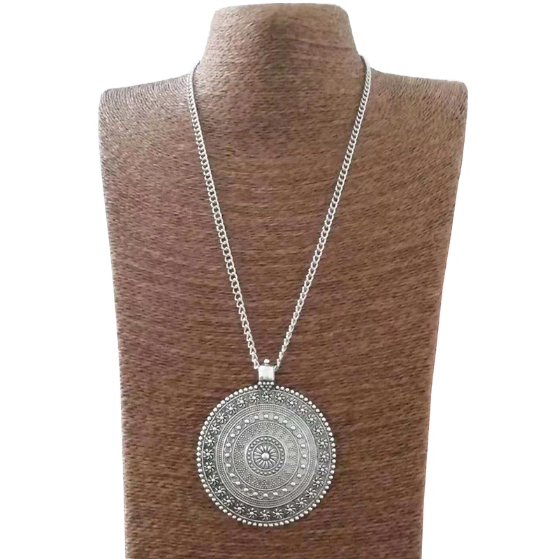 1 x старинное серебро металла абстрактные Boho большой круглый цветочный медальон Jewelry Подвеска на длинные цепи Lagenlook 34"