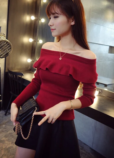 Женский свитер с длинным рукавом Однотонный открытыми плечами и в Корейском