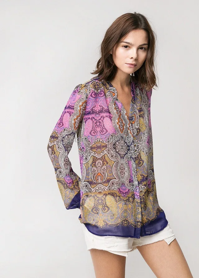 New 2018 Women Vintage Ethnic Totem Floral Print Orange Sashes Blousa Blouse Woman V Neck Casual Slim Shirt Tops |