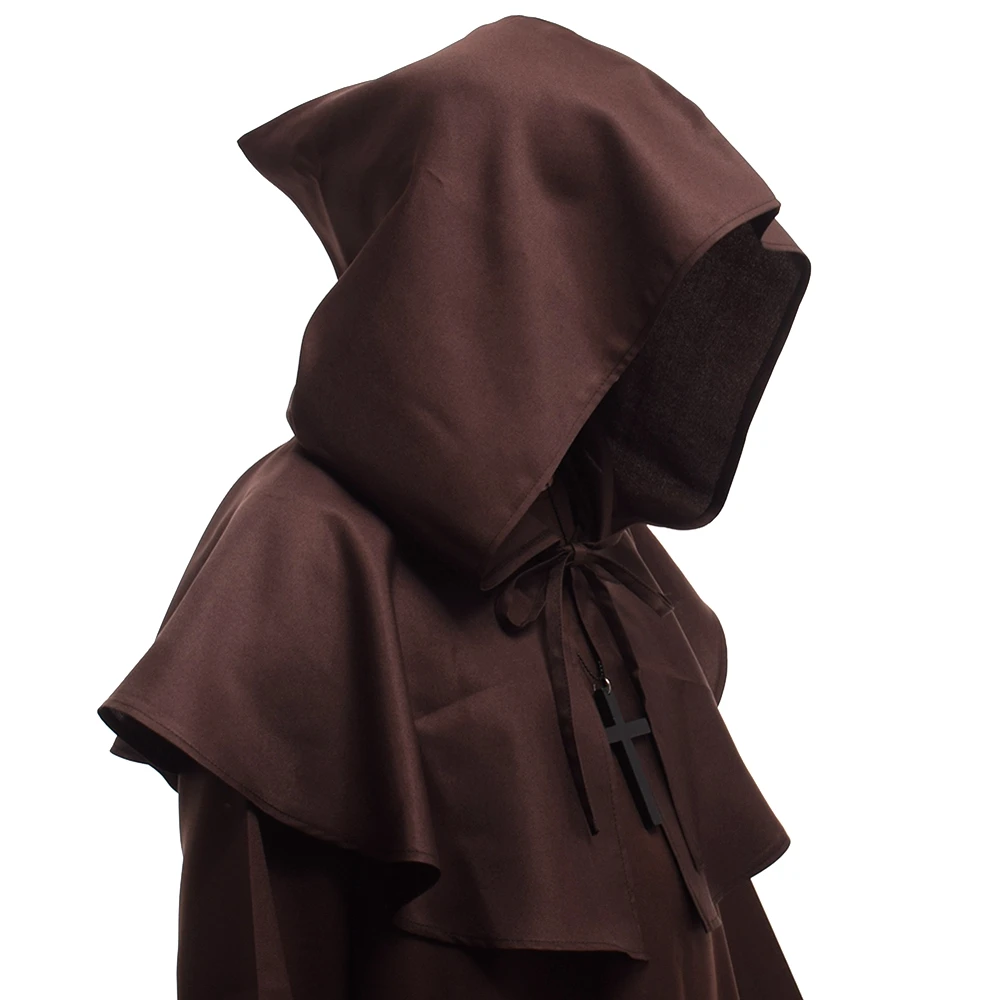 Medieval Priest Monk Costume Shawl Hooded Cape Renaissance Wicca Pagan Capelet LARP Mantle Cowl Hat Fancy Dress Cosplay Cross