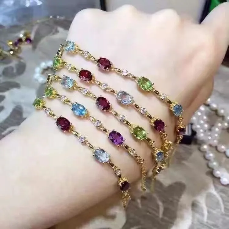 

KJJEAXCMY fine jewelry S925 silver inlay natural color gemstone garnet tourmaline multi-color bracelet crystal female jewelry ov