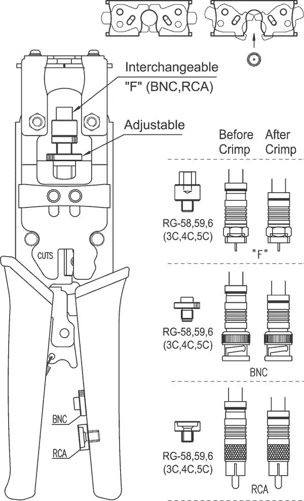 Universal Compression Tool BNC/RCA CRIMP TOOL RG59/RG6 1W5 RG59 RG6 F-pin BNC RCA | Инструменты