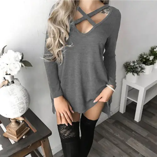 2017 Women Mini Dress Short Long Sleeve Shirt Casual V Neck Lace up Sexy Pullover Autumn Winter Split Loose Tops Dresses | Женская