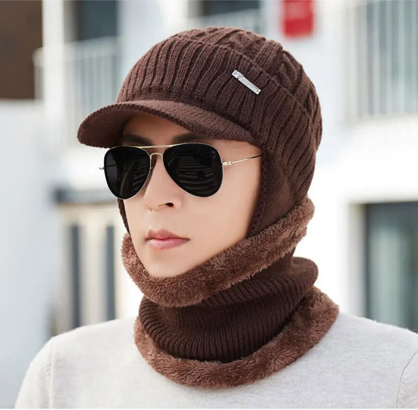 Coffee Hat Scarf Мужская зимняя шапка и шарф, набор для женщин, шарфы, шапка с полями, вязаный козырек, Skullies Beanies, Мужская теплая шапка-ушанка, Балаклава - Цвет: Coffee Hat Scarf