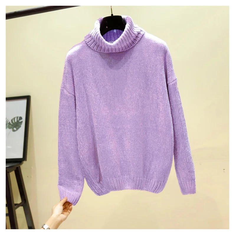 Light purple Шикарные винтажные кашемировые женские свитера из синели с длинным рукавом и золотым бархатом, Зимние Женские однотонные свитера с высоким воротом, свободные женские джемперы - Цвет: Light purple