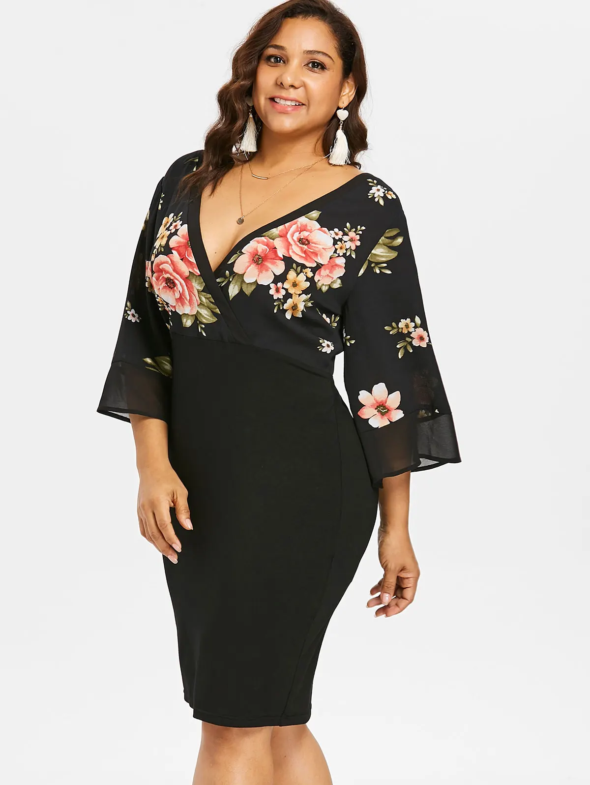 2018 Women Plus Size 5XL Bell Sleeve Low Cut Floral Dress Plunging Neck 3/4 Spring Dresses Party OL Casual Vestidos | Женская одежда