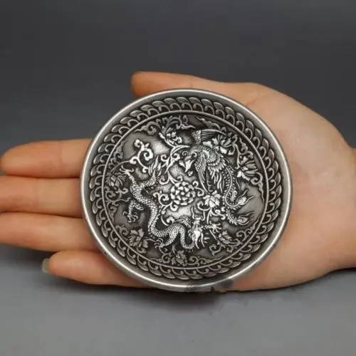 Китайская белая медь Серебряная Резьба Дракон Феникс животное ручка моющаяся