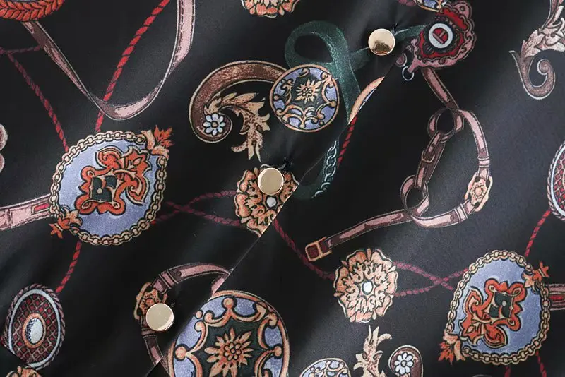 Flabbit women retro chain print shirtwaist hem ruffles dress ladies casual long sleeve stylish femme loose vestidos DS257 | Женская