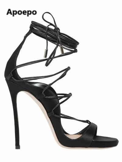 

Sales black women sandals ankle-wrap high heels shoes cross-tied sandalias mujer sexy shallow sandalia feminina summer pumps