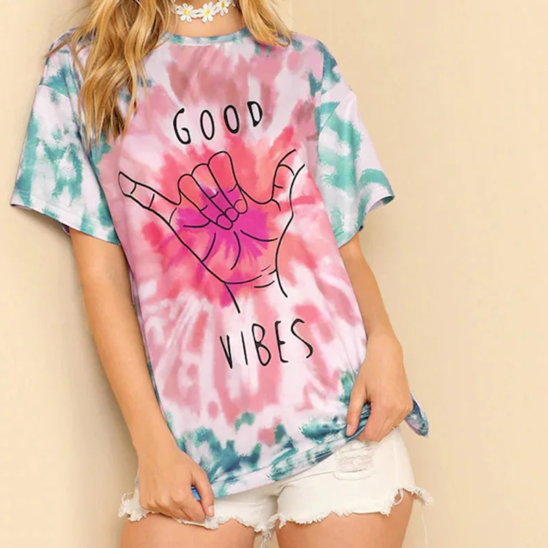 Женская футболка с надписью Tie Dye, женские повседневные свободные топы и футболки с коротким рукавом и круглым вырезом, S-XL camiseta mujer
