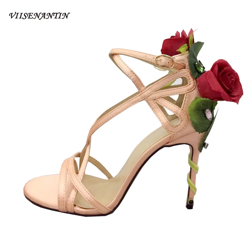 

VIISENANTIN New Sexy Satin Women Sandal Shoe Rose Flower Decor Beautiful Summer Sandalias Jeweled Narrow Band Fashion Shoe