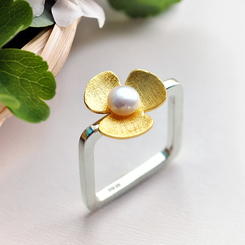 Lotus Fun Moment реального 925 пробы серебра, натурального жемчуга ручной работы Модные украшения площадь свежий клевер Цветочные украшения комплект Bijoux