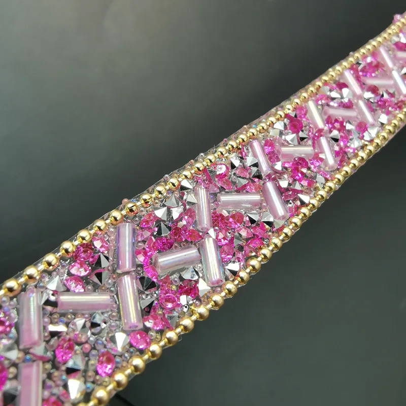 Pink Швейная отделка орнамент из кристаллов Стразы горячей фиксации горный хрусталь лента аппликатор лента со стразами железо на аппликации для платьев - Цвет: Pink