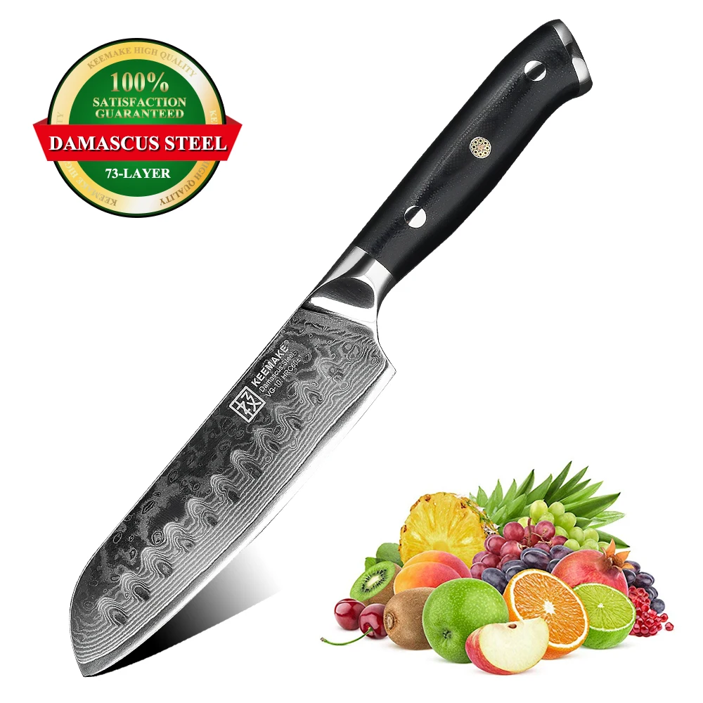 

KEEMAKE 5 Inch Santoku Knife Japanese Damascus VG10 Steel Blade Chef Multi-Layer Kitchen Knives G10 Handle Sharp Cutter Tools