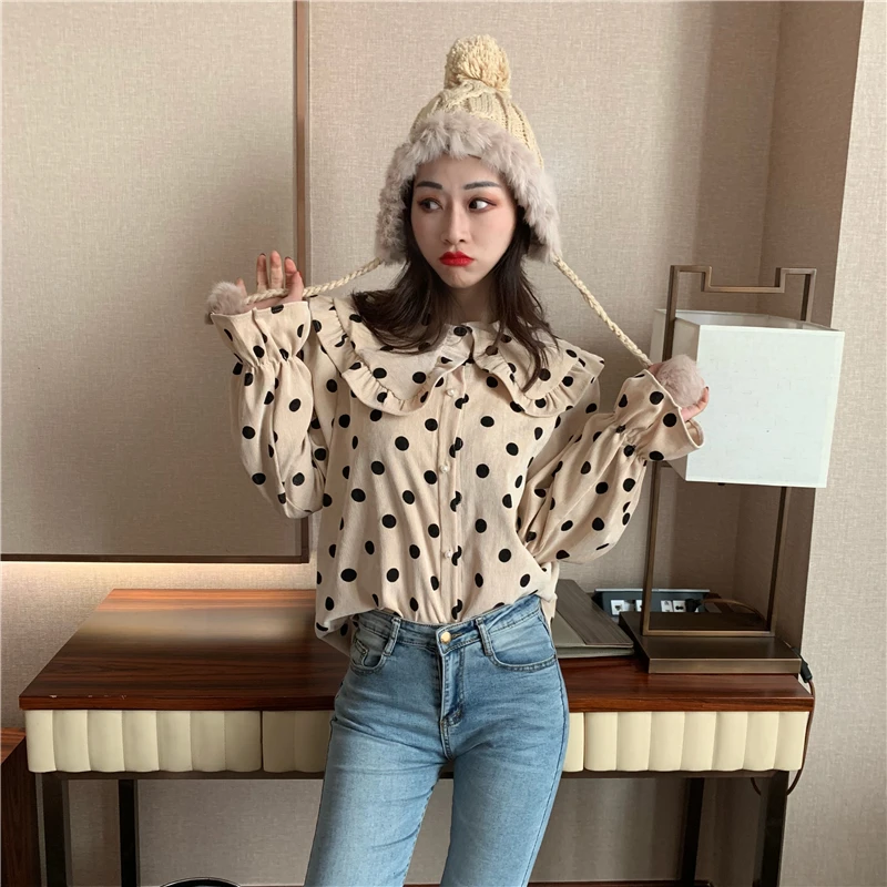 Lychee Girls Dot Print Ruffles Women Sweet Blouses Peter Pan Collar Long Flare Sleeve Female Shirts Autumn Winter Vintage Blouse | Женская