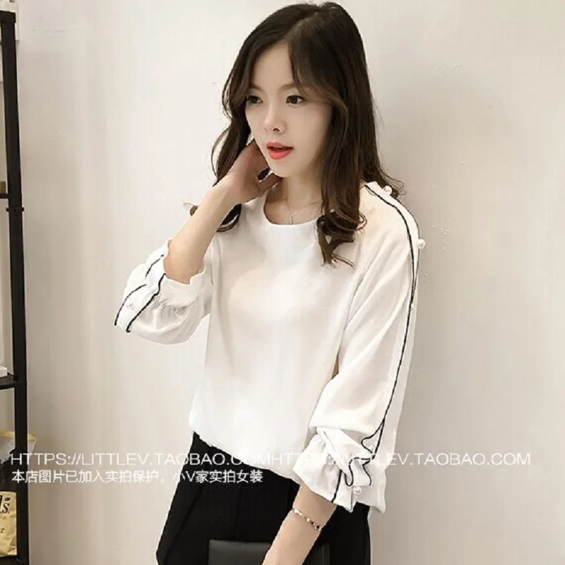Плюс размер шифоновая рубашка женская 2018 Blusa бисерные Топы Осень с длинным