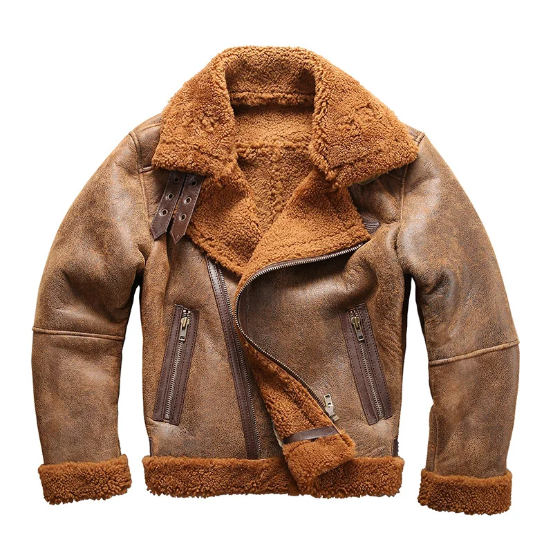 

Мужская куртка из натуральной овечьей кожи, теплая куртка-бомбер большого размера в стиле милитари с овчиной B3, европейские размеры, 2018
