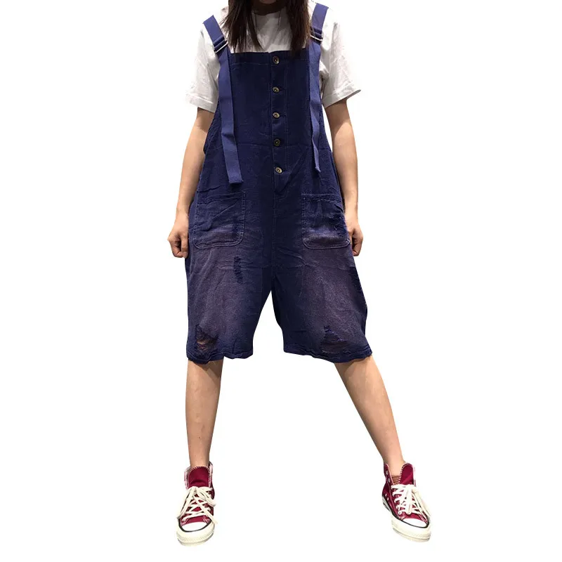 

Cotton and Linen Casual Five-point Shorts Female Korean Loose Wash Old Hole Hole Hanging Strap Pants Jumpsuits