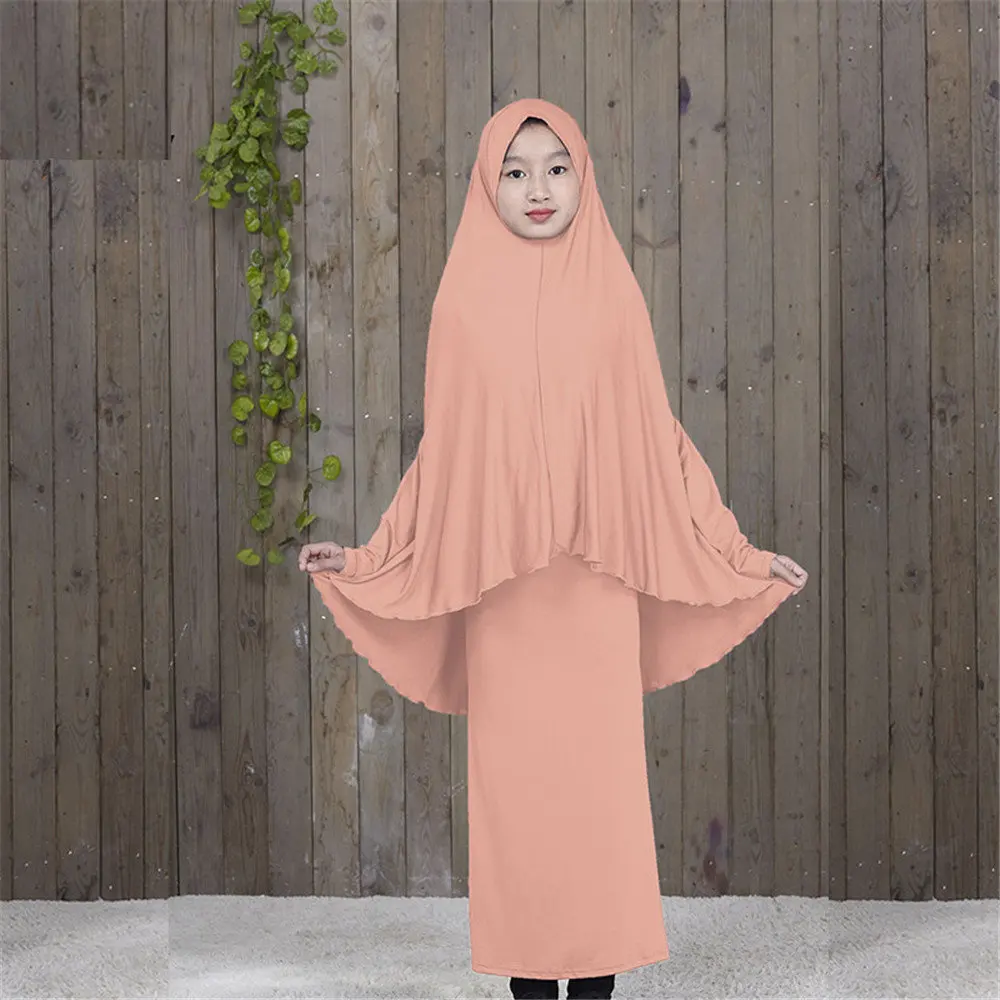 Традиционная одежда для девочек; abaya Hijab; комплект из двух предметов; мусульманская одежда для молитвы; детская однотонная свободная одежда; большие размеры; abaya s D828 - Цвет: Light Red