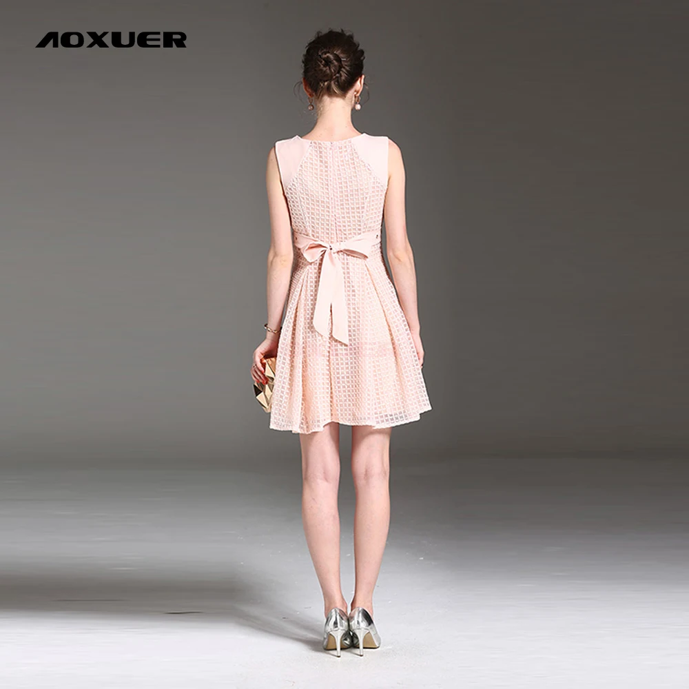 AOXUER Summer New Elegant Pink Lace Dress Women Sleeveless Fashion Casual Slim Short Office Dresses Vestidos Cortos Robe B288 | Женская