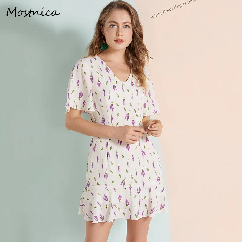Mostnica Summer Wheat Printed Gauzy Chiffon Dress for Women Pastoralism Flare Sleeves V Neck Mori Girl Mini Lady Clothes | Женская