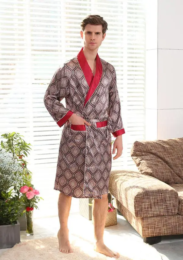 robe 3 Luxury Designer Men's Silk Kimono Robe Plus 5XL Long Sleeve Sleepwear Bathrobe Oversized Satin Nightgown Summer Home Clothing - Цвет: robe 3