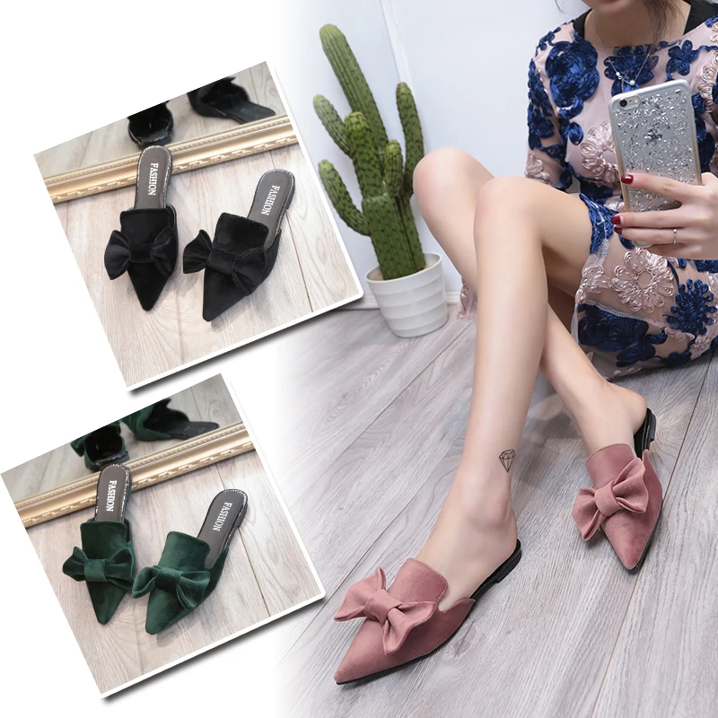 big velvet bow sandals women pointed toe slippers 2017 brand designer bowtie mules ladies summer shoes sandalias mujer y131 | Обувь