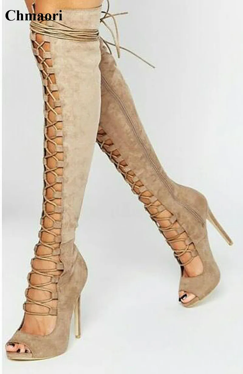 

Open Toe Suede Leather Lace-up Knee High Gladiator Boots New Fashion Women Cut-out Long High Heel Boots Free Shipping