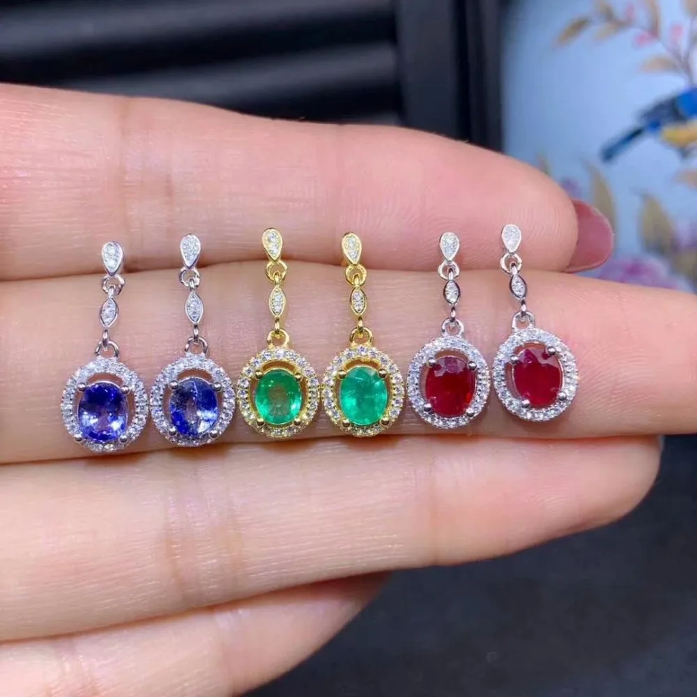 

SHILOVEM 925 sterling silver real Natural Emerald sapphire ruby stud earrings classic fine Jewelry women de0405822agmlhl