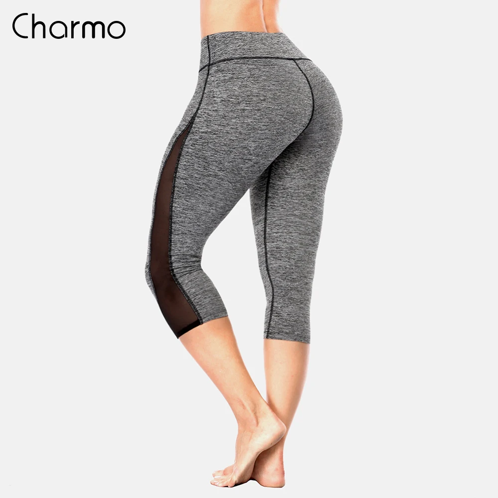 

Charmo Women Yoga Pants Women Slim High Waist Sports Pants Lace Mesh Gym Fitness Elastic Trousers Running Calf Length Yoga Pants