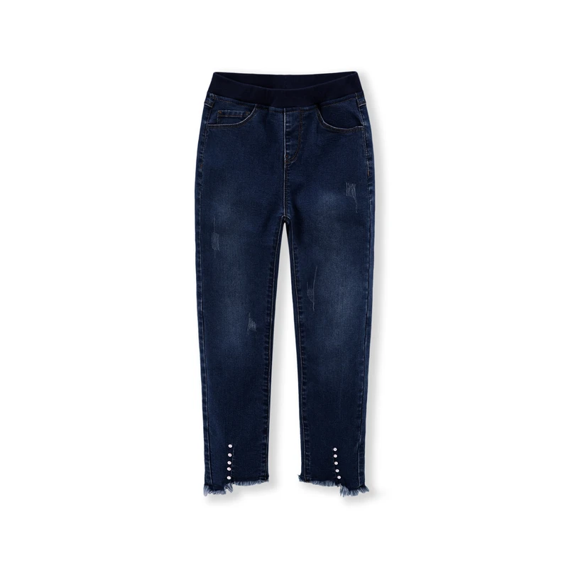 Balabala Girls Fleece-Lined Pull-on Jeans with Raw-edge Hem Slim Fit Cotton in Washed Denim Bead Ribbing at Waist | Детская одежда и