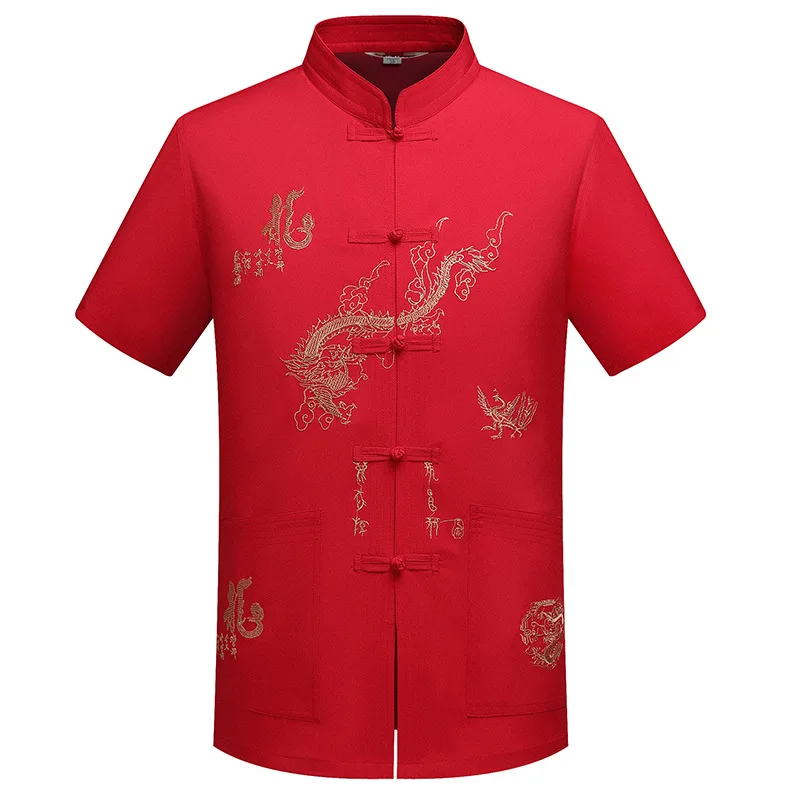 Chinese Traditional Tang  Clothing Top Mandarin Collar Kung Fu Wing Chun Garment Top Short Sleeve Embroidery Dragon Shirt M-XXXL