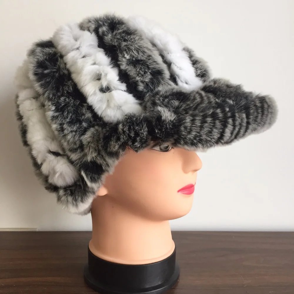 2019 Для женщин реальные Трикотажные Кролика Рекс шапки с козырьком Женская зимняя