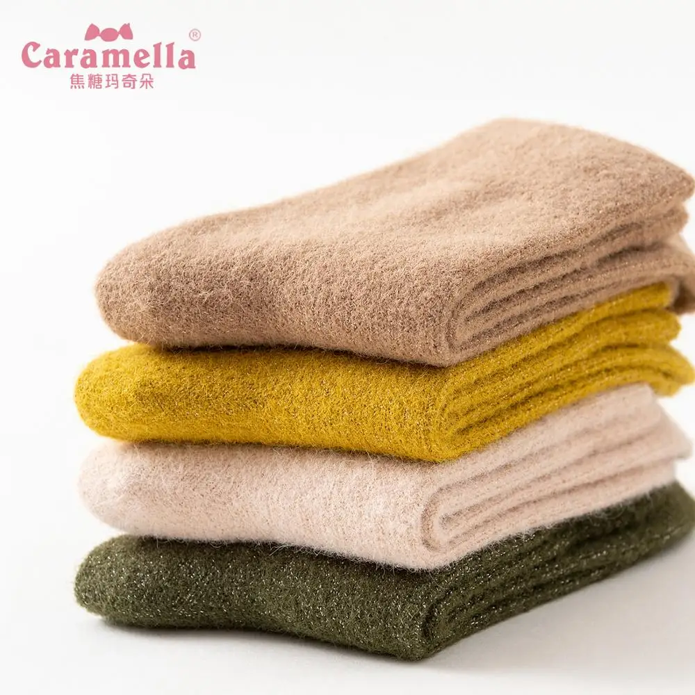 Caramella/4 пар/лот, женские носки, высокое качество, зимние толстые носки для дома, длинные носки, люрекс, махровые носки, повседневные Хлопковые женские носки, подарок