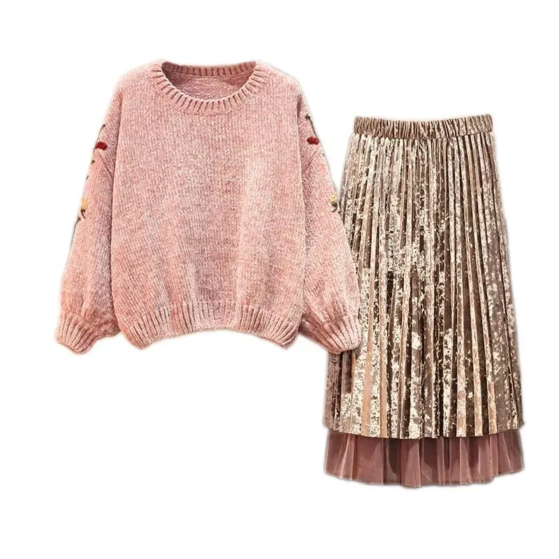 

2019 new women 2 pieces skirts suits knitted flower embroidery sweaters and pleated skirts lady pink elegant skirt suits