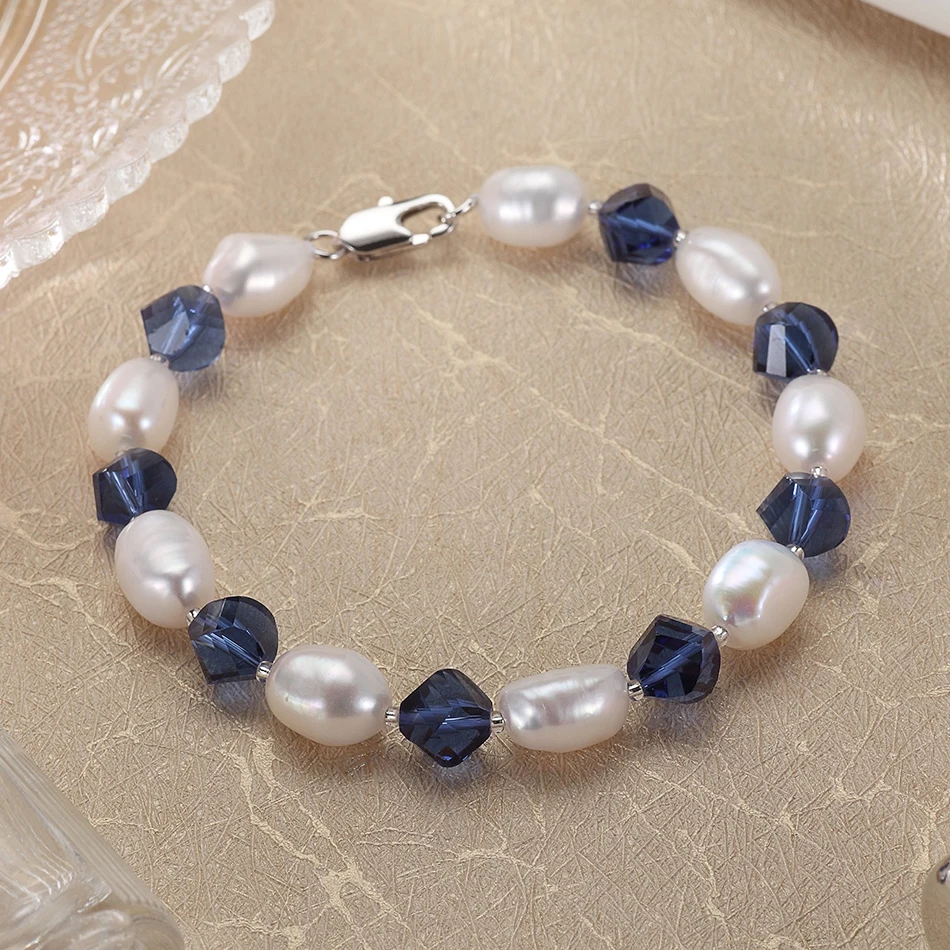 Женский браслет Feige из белого пресноводного жемчуга с синими кристаллами 7 8 мм
