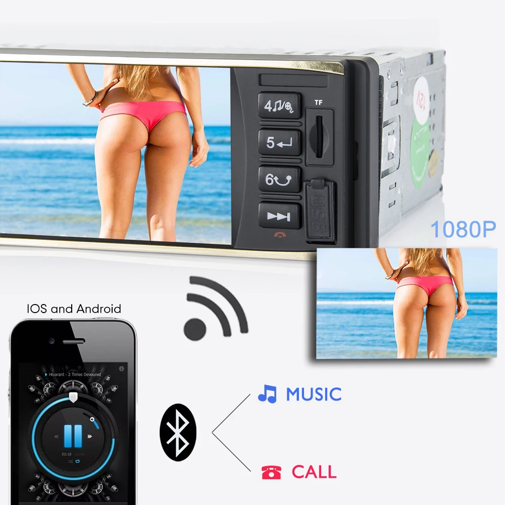 Автомагнитола Hippcron 1 Din 4 дюйма Bluetooth USB AUX FM с камерой заднего вида и пультом