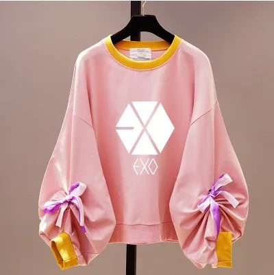 Новинка 2021 корейские свободные однотонные толстовки kpop EXO с бантом Женский