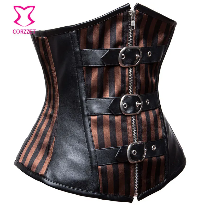 Готический стимпанк корсет под грудью черный кожаный и полосатый Атласный