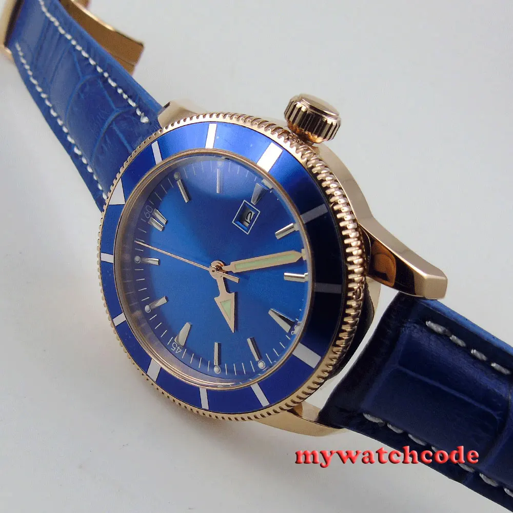 

46mm corgeut blue dial date rose golden case automatic mens watch 16
