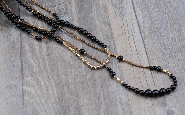 Boho Black Onyx with Seed Beads 3 Layers Beaded Necklaces Classic Natural Stones Women Statement Necklace Vintage Jewelry | Украшения и