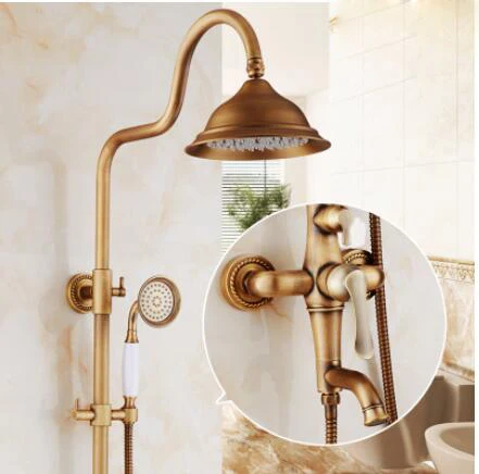 1058E6A Rainfall Antique Brass Shower Faucet Set Tub Spout Hand Shower Mixer Tap Faucets Luxury Valve Mixer Shower Set Top Sprayer - Цвет: 1058E6A