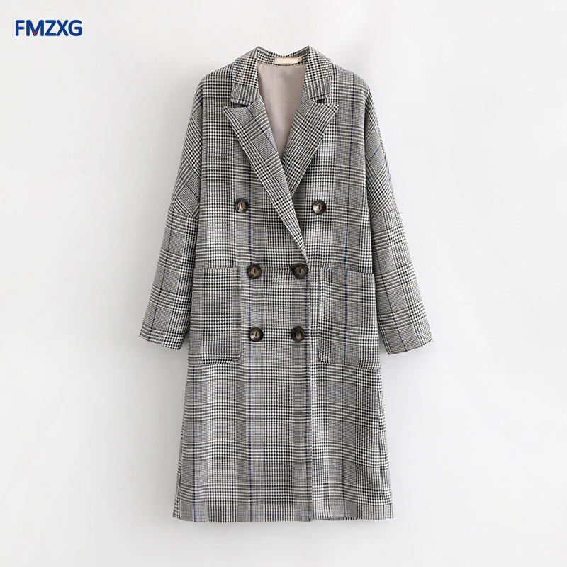 Women Warm Wool Blends Autumn Winter Coats Vintage Houndstooth Oversized High Quality Long Coat Female Double-breasted Jacket | Женская