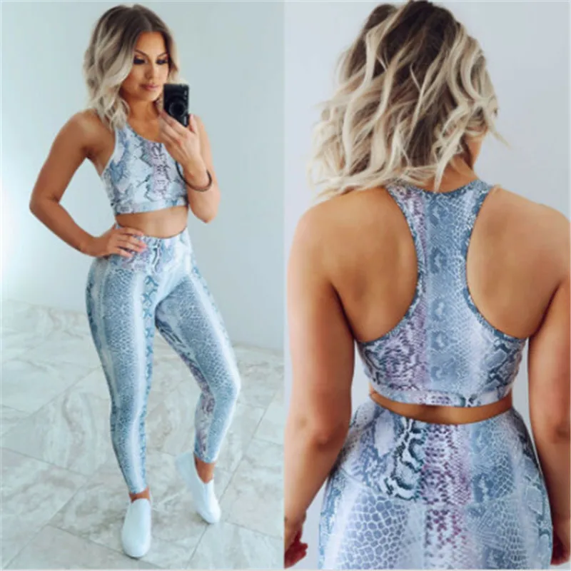 Women Snake Print Sports Wear Casual Sexy Slim Fitness Workout Suit Crop Top Bra+ High Waist Pants Tracksuit For Women Gyms Set