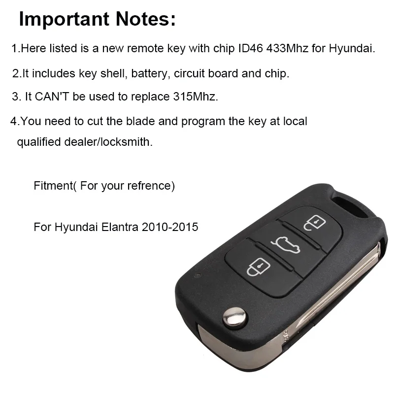 3 кнопки Складной Дистанционный брелок 433 МГц для Hyundai Elantra 2010 2011 2012 2013 2014 2015 чип ID46