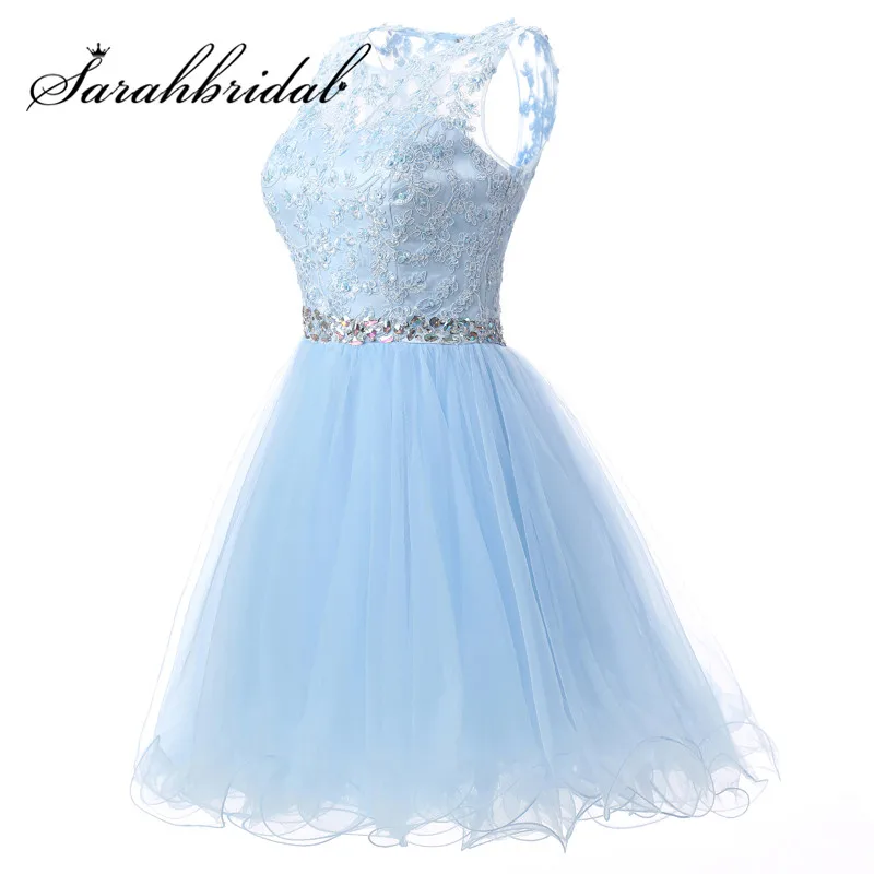 light sky blue Недорогое короткое платье для выпускного платья кружевной топ с круглым вырезом светло-голубой замочный вырез сзади мини платья для выпускного SD361 - Цвет: light sky blue