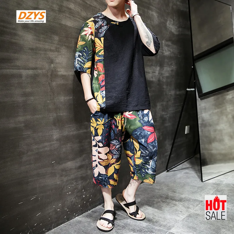 

Two pieces of cotton hemp printed short sleeve men's T-shirt summer set national wind plus fertilizer increase code
