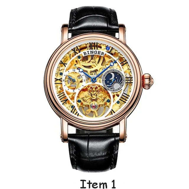 Модные мужские деловые Модные полые часы Moon Phase с кожаным ремешком, Мужские автоматические механические часы со скелетом, водонепроницаемые - Цвет: Rose gold white