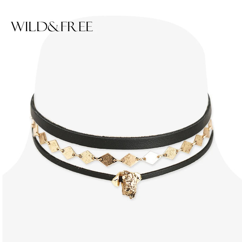 Ожерелье-чокер женское из черной кожи комплект 3 звеньев с винтажным кулоном под