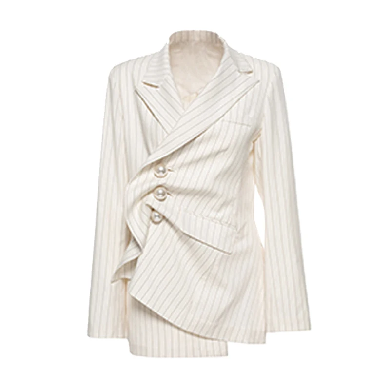 

PERHAPS U White Striped Notch Collar Long Sleeve Imitation Pearls Button Pocket Vintage Asymmetrical Blazer C0141